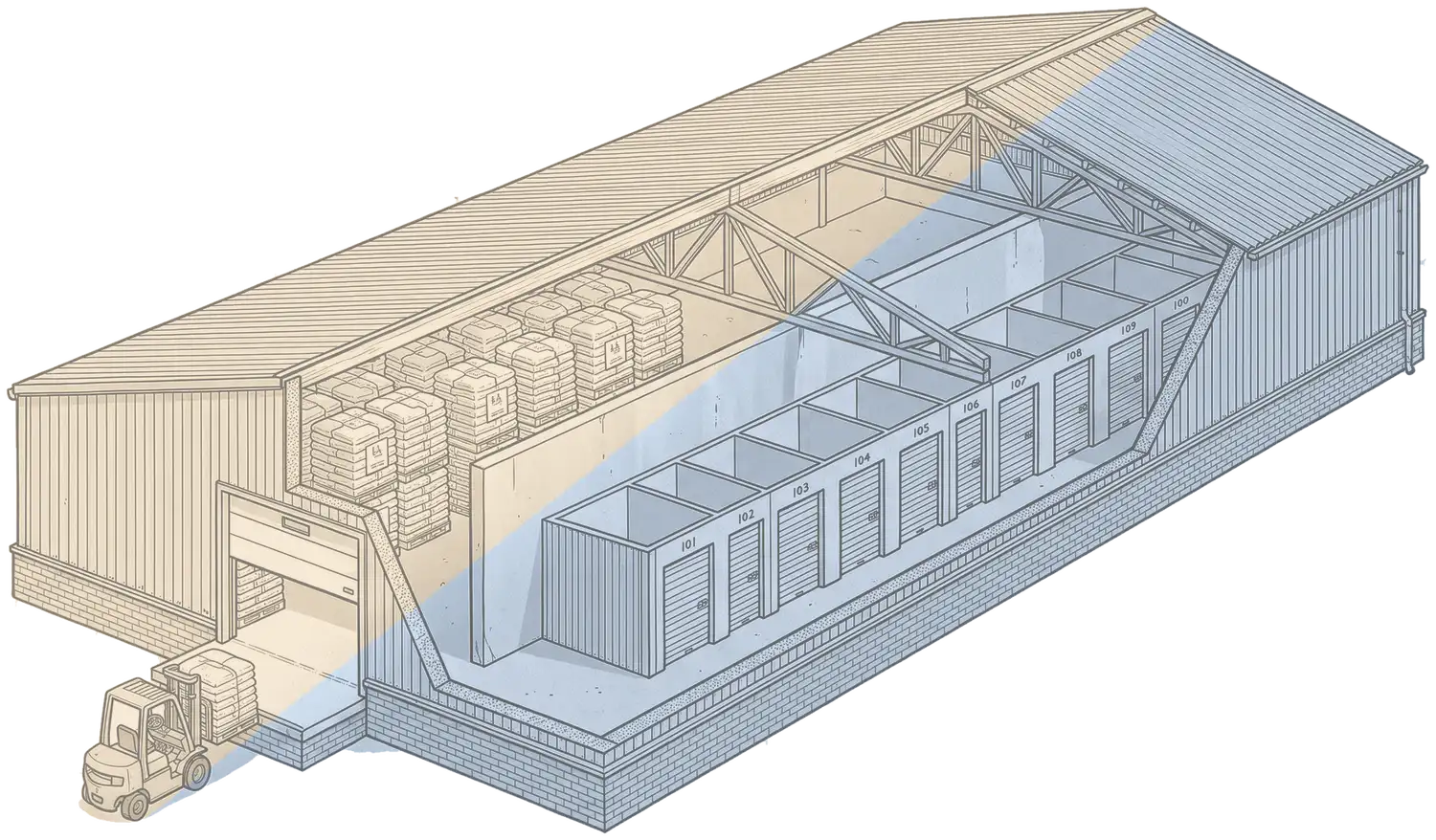 Coupe isométrique de l’entrepôt de Hautrage. À gauche du mur de refend, des palettes de sacs de granulés et un quai de chargement avec un chariot élévateur. À droite, un couloir de box de stockage numérotés de 100 à 109.